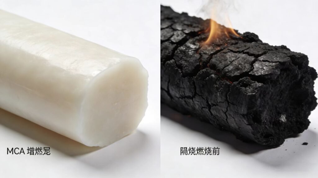 MCA阻燃尼龙材料燃烧前后对比示意图