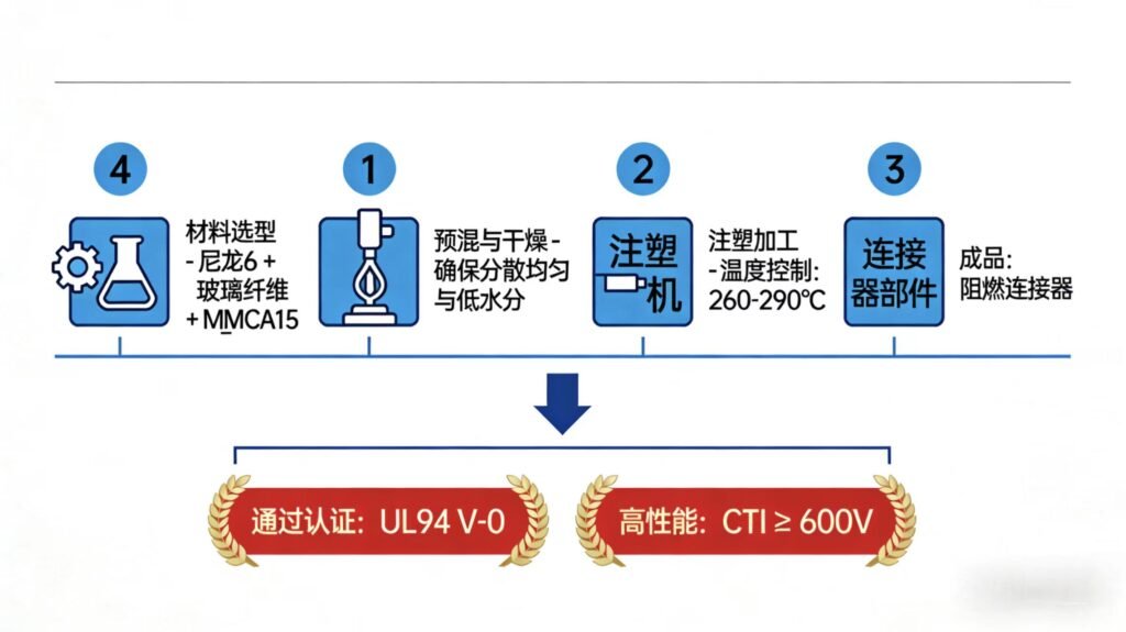 使用MCA阻燃剂制造阻燃尼龙6连接器的工艺流程与关键性能指标达成图示