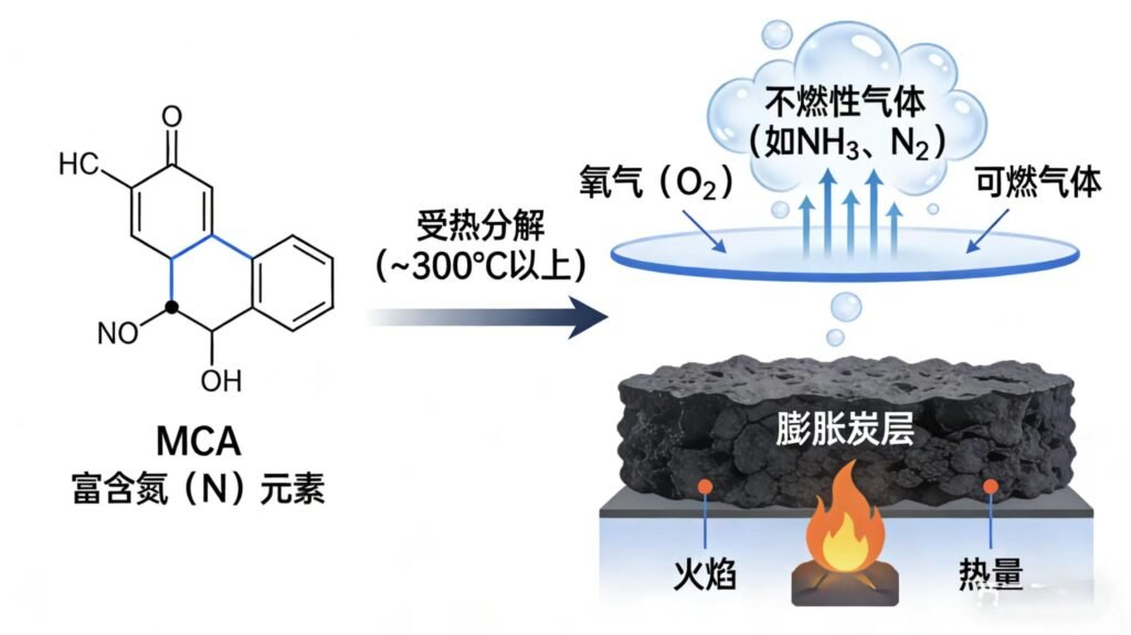 三聚氰胺氢尿酸盐(MCA)受热分解,通过释放不燃气体和形成膨胀炭层实现双重阻燃机理示意图