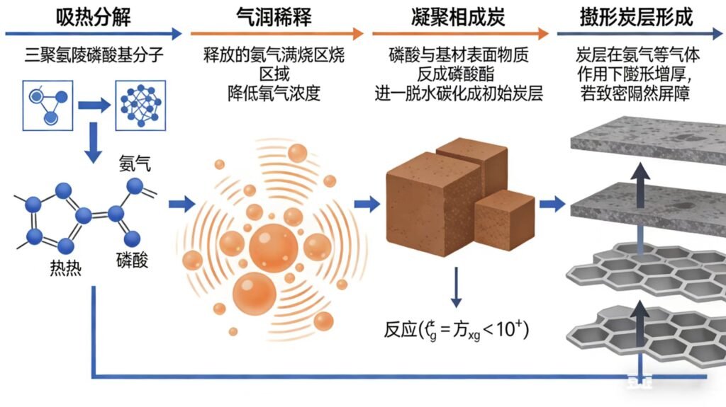 三聚氰胺磷酸盐磷氮协同阻燃机理流程图，展示吸热分解、气相稀释、凝聚相成炭、膨胀炭层形成四个阶段