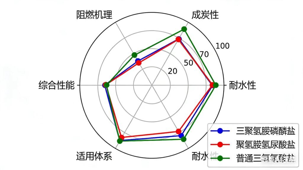 三聚氰胺磷酸盐、三聚氰胺氢尿酸盐、普通三聚氰胺在阻燃机理、成炭性、耐水性、适用体系等方面的性能对比雷达图